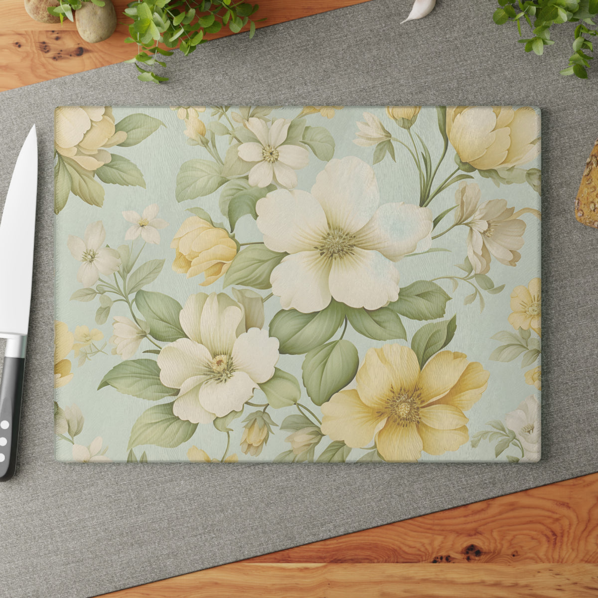Floral Glass Cutting Board — Vintage Yellow Dogwood Design