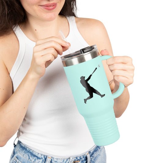Printify baseball silhouette 40oz insulated travel mug with handle, black and white design for hot and cold beverages