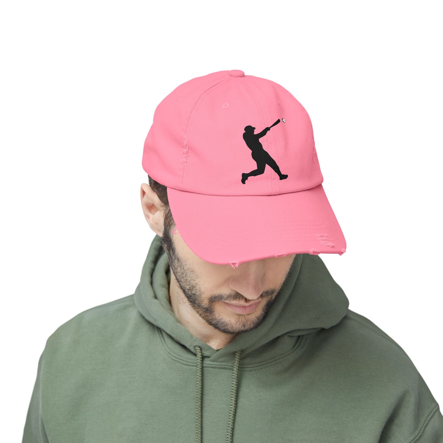 Distressed baseball cap with silhouette batter design, casual hat by Printify featuring a worn, vintage look.