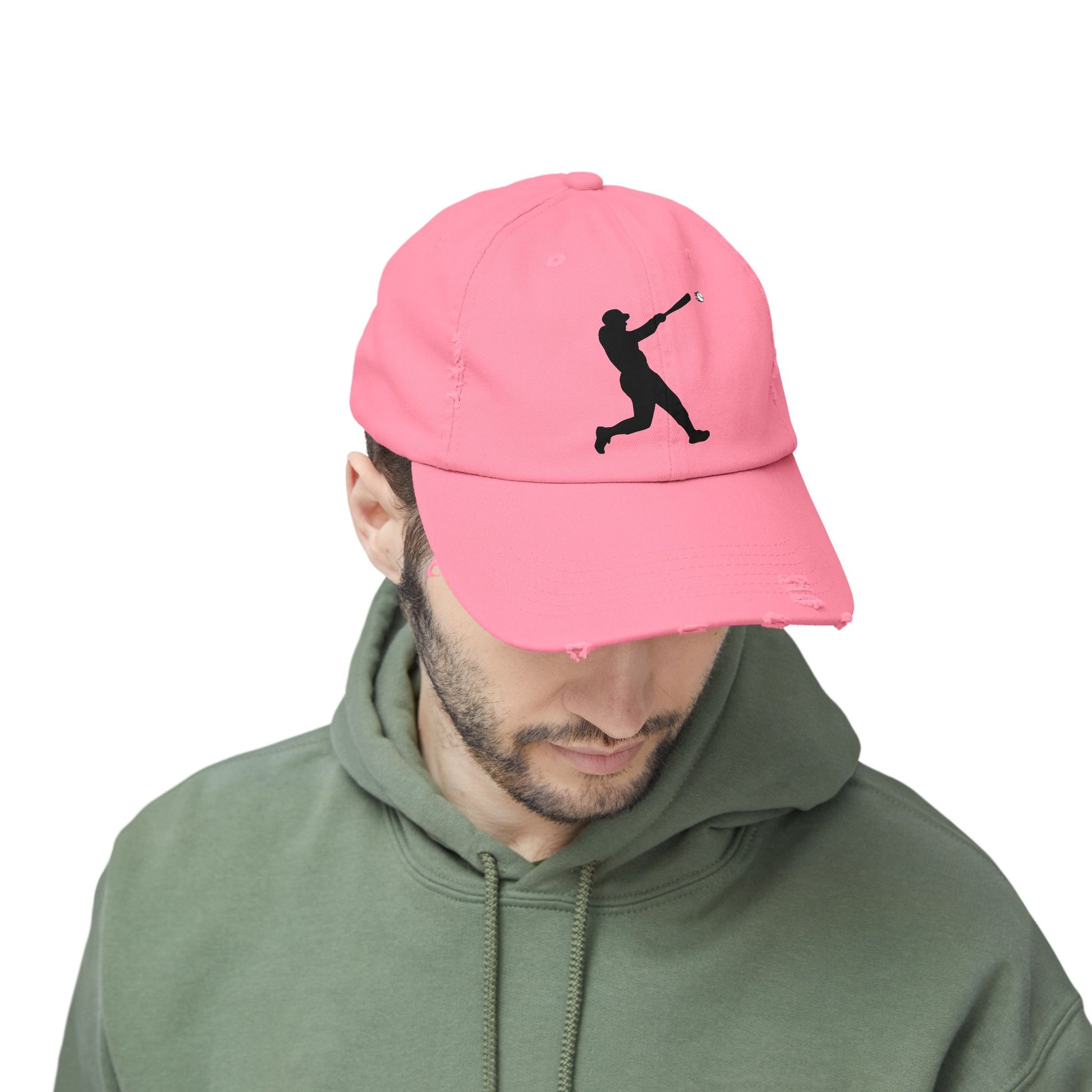 Distressed baseball cap with silhouette batter design, casual hat by Printify featuring a worn, vintage look.