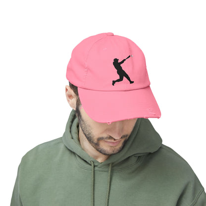 Distressed baseball cap with silhouette batter design, casual hat by Printify featuring a worn, vintage look.
