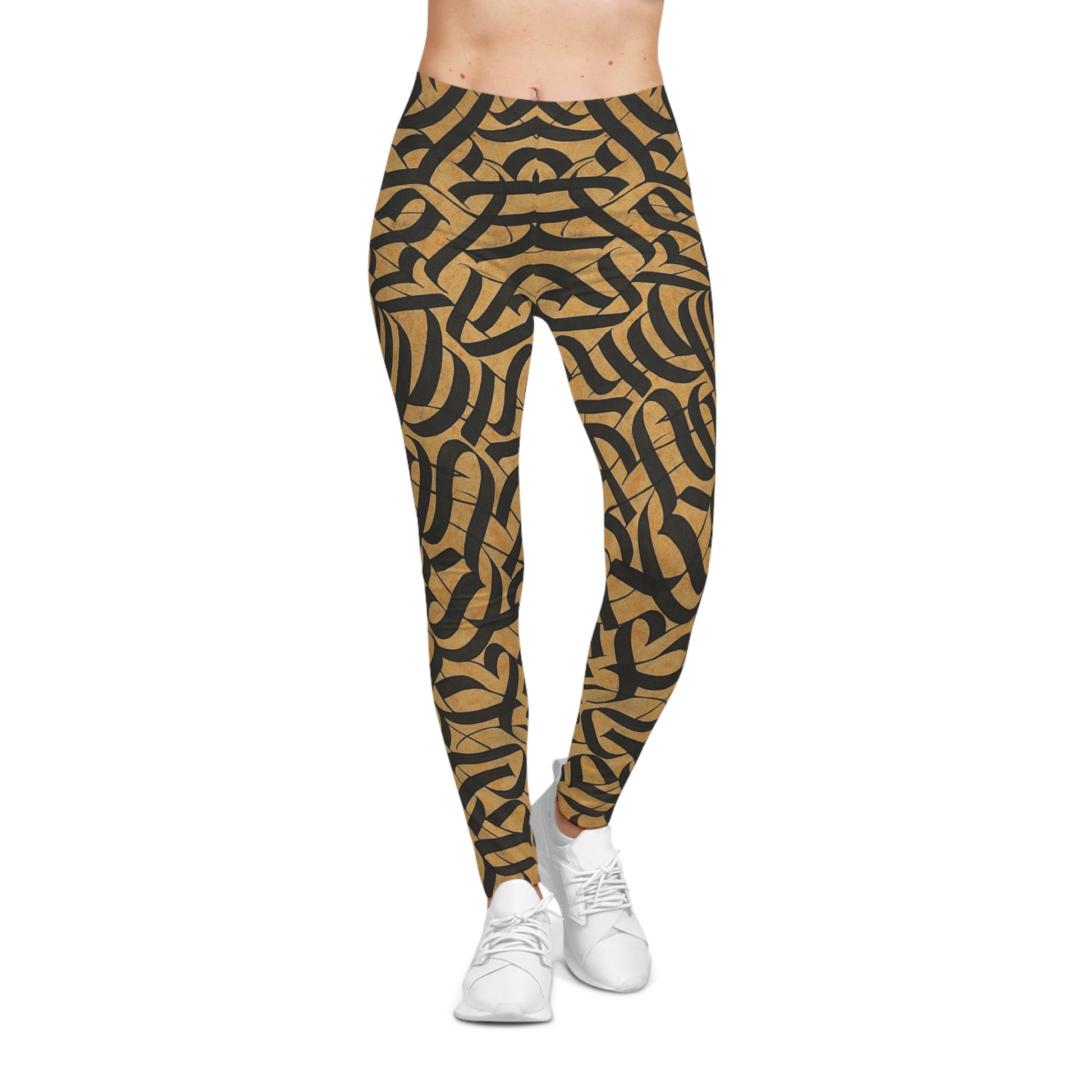 Black and gold tribal knotwork print leggings for women featuring bold all-over design by Printify