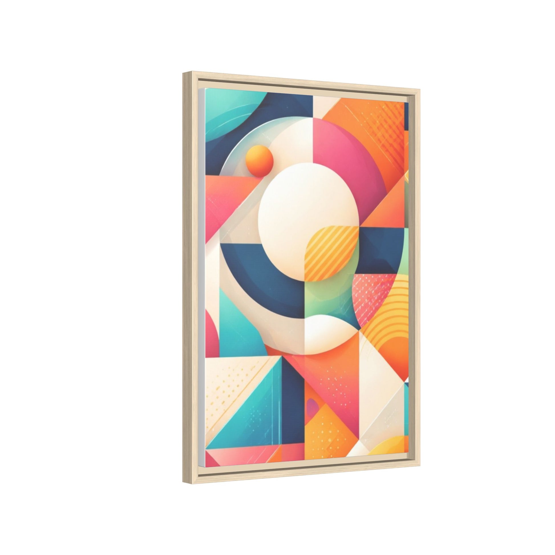 Colorful geometric abstract art printed on matte canvas with a frame, showcasing vibrant shapes and modern design by Printify.