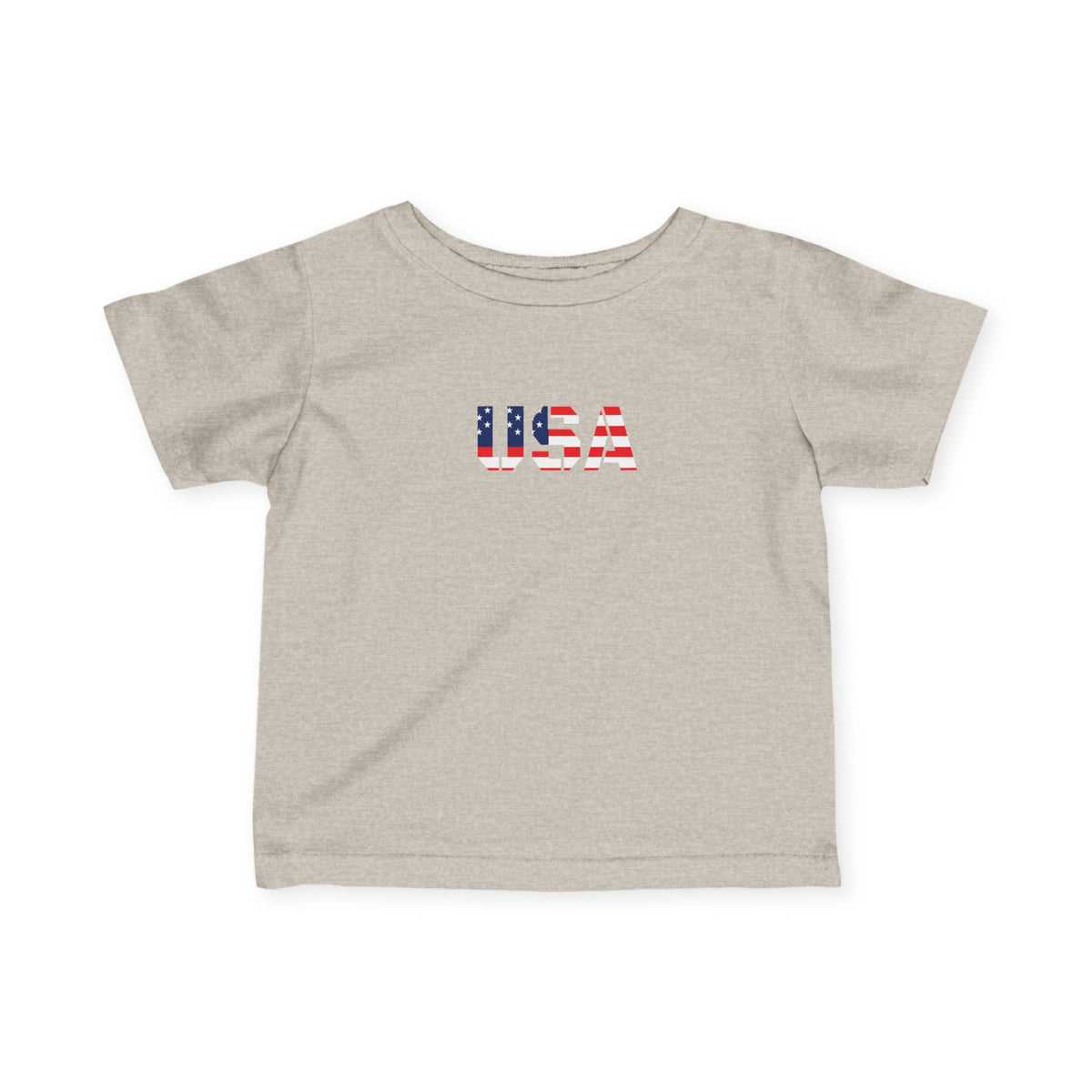 Baby's infant tee featuring USA flag block print, casual kids clothing by Printify, with a soft fabric and patriotic design.