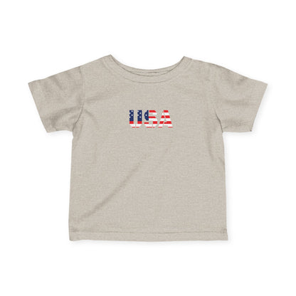 Baby's infant tee featuring USA flag block print, casual kids clothing by Printify, with a soft fabric and patriotic design.