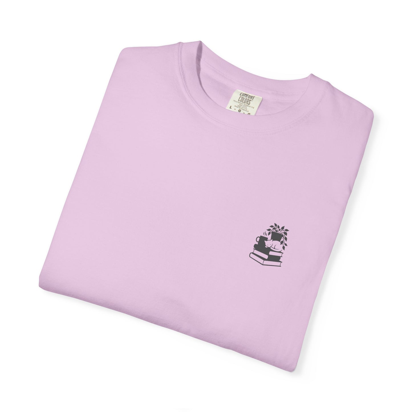 Cozy Cat on Books T-Shirt | Reading Tea Stack Illustration