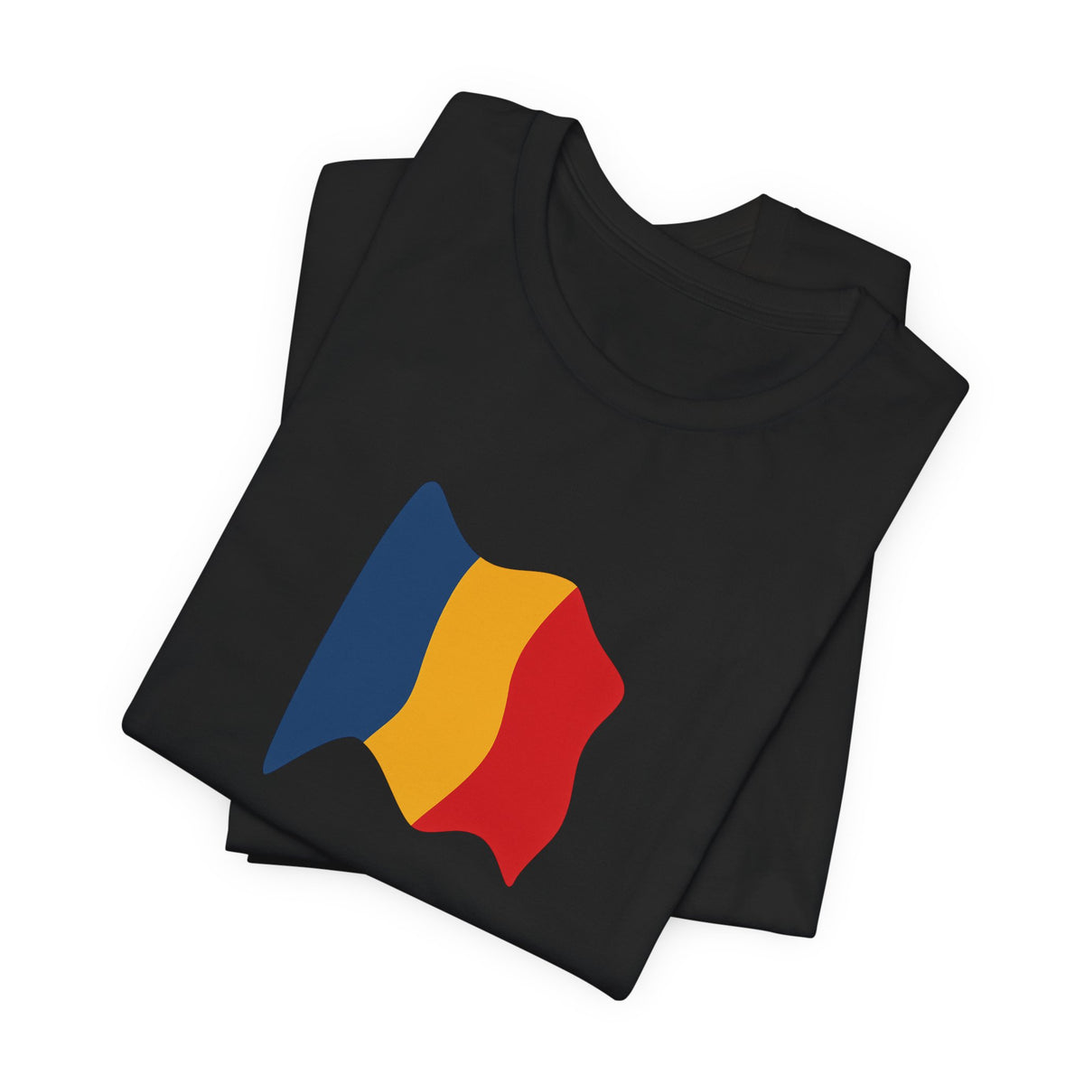 Romania flag T-shirt by Printify featuring a minimal waving tricolor design, casual fit, and soft fabric.