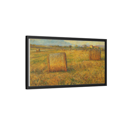 Framed matte canvas wall art featuring a rustic hayfield landscape print by Printify, ideal for farmhouse or country decor.