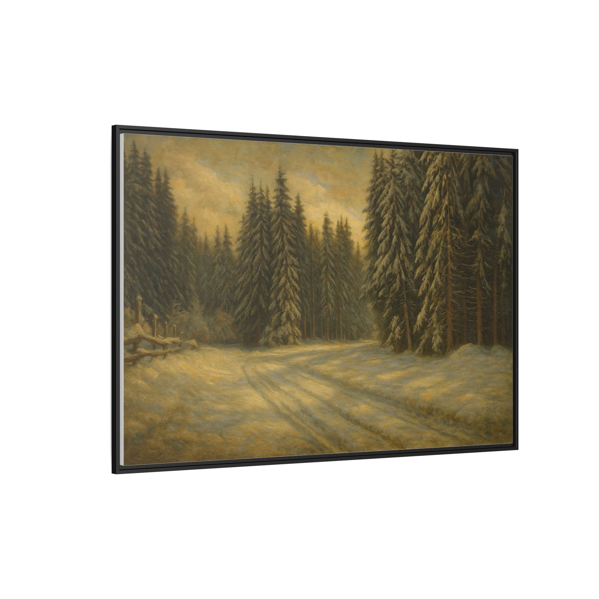 Framed matte canvas print of a winter forest landscape wall art by Printify, showcasing snow-covered trees and serene woodland scene.
