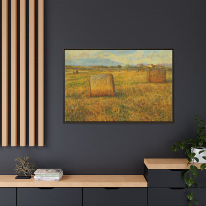 Framed rustic hayfield landscape canvas wall art by Printify, featuring a scenic rural countryside print on matte canvas.