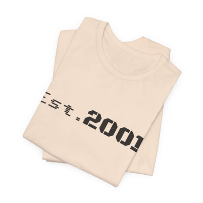 Printify retro minimalist graphic T-shirt celebrating 2001 birth year with simple design on a casual T-shirt.