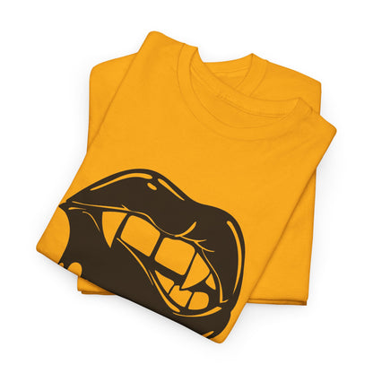 Black graphic T-shirt by Printify featuring a dripping lips design with "hmm..." bite graphic on the front.