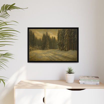 Framed matte canvas print of a winter forest landscape wall art by Printify, showcasing snow-covered trees and a serene woodland scene.