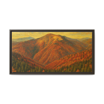 Autumn mountain matte canvas framed wall art by Printify showing a scenic mountain landscape in warm autumn colors.