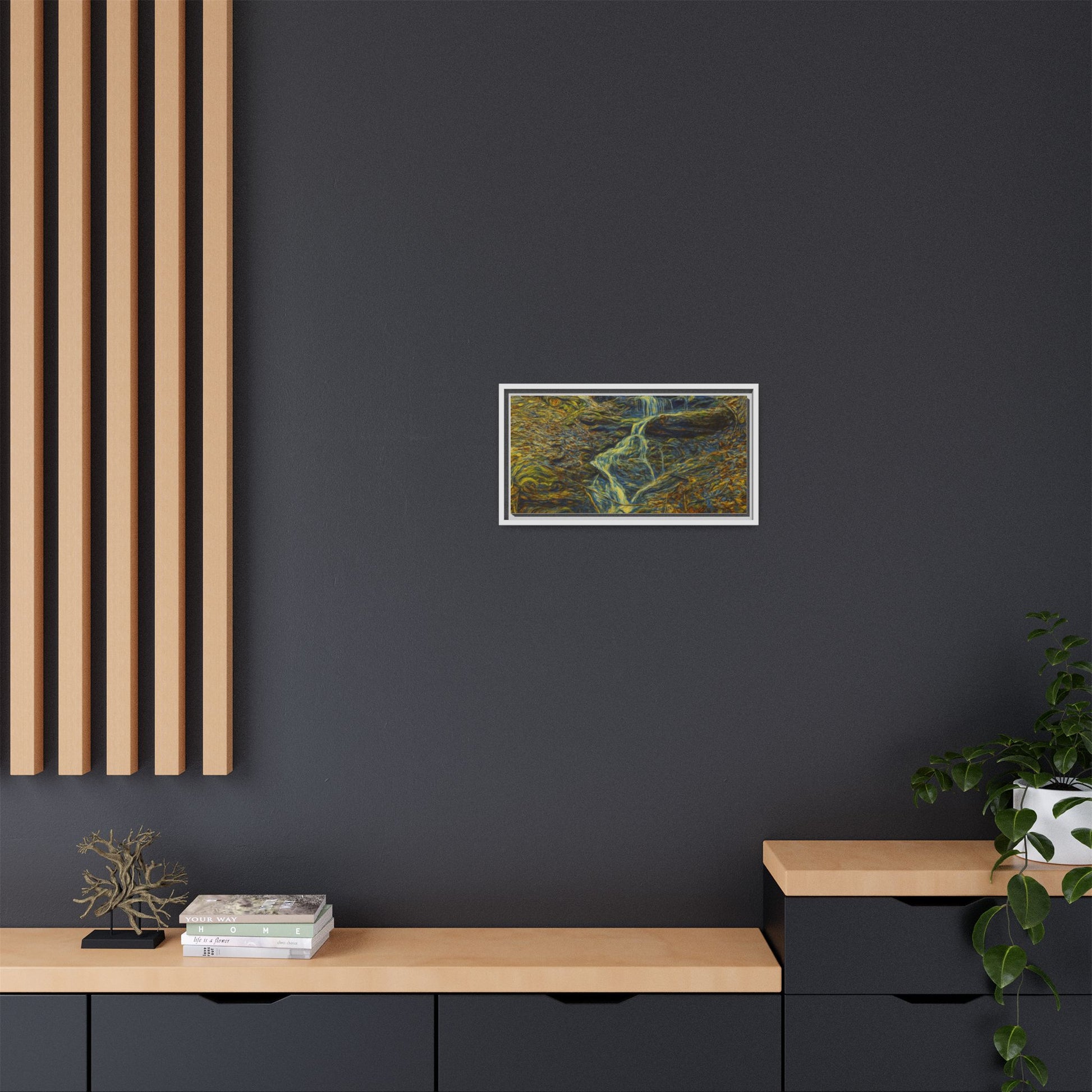 Framed matte canvas of a forest waterfall wall art by Printify, showcasing autumn trees and flowing water, ready to hang.