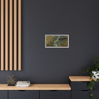 Framed matte canvas of a forest waterfall wall art by Printify, showcasing autumn trees and flowing water, ready to hang.