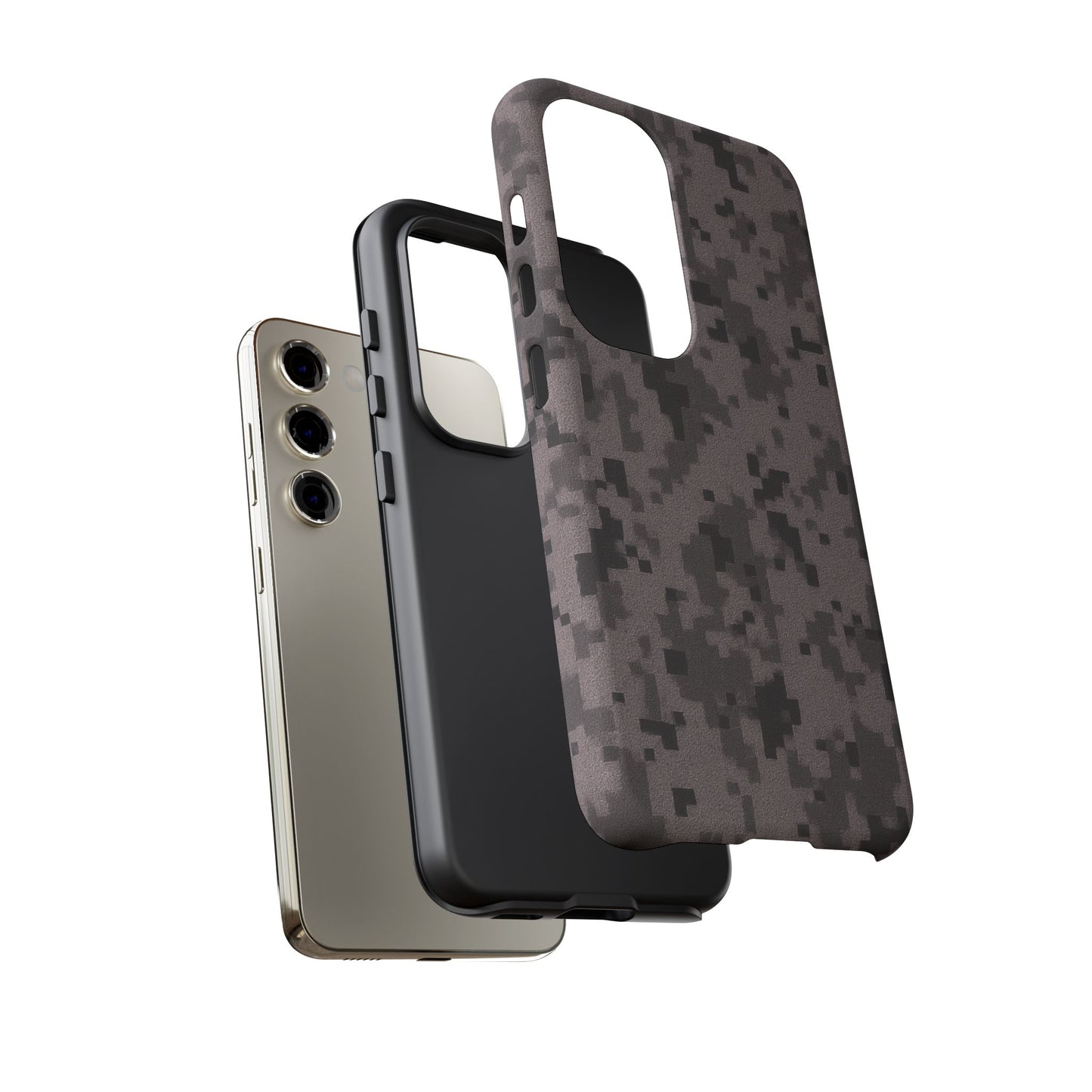 Gray digital camouflage phone case by Printify, showing a rugged protective cover with digital camo pattern for smartphones.