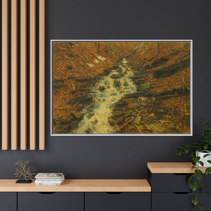 Framed matte canvas print of Autumn Stream landscape artwork by Printify, featuring a serene forest stream scene.