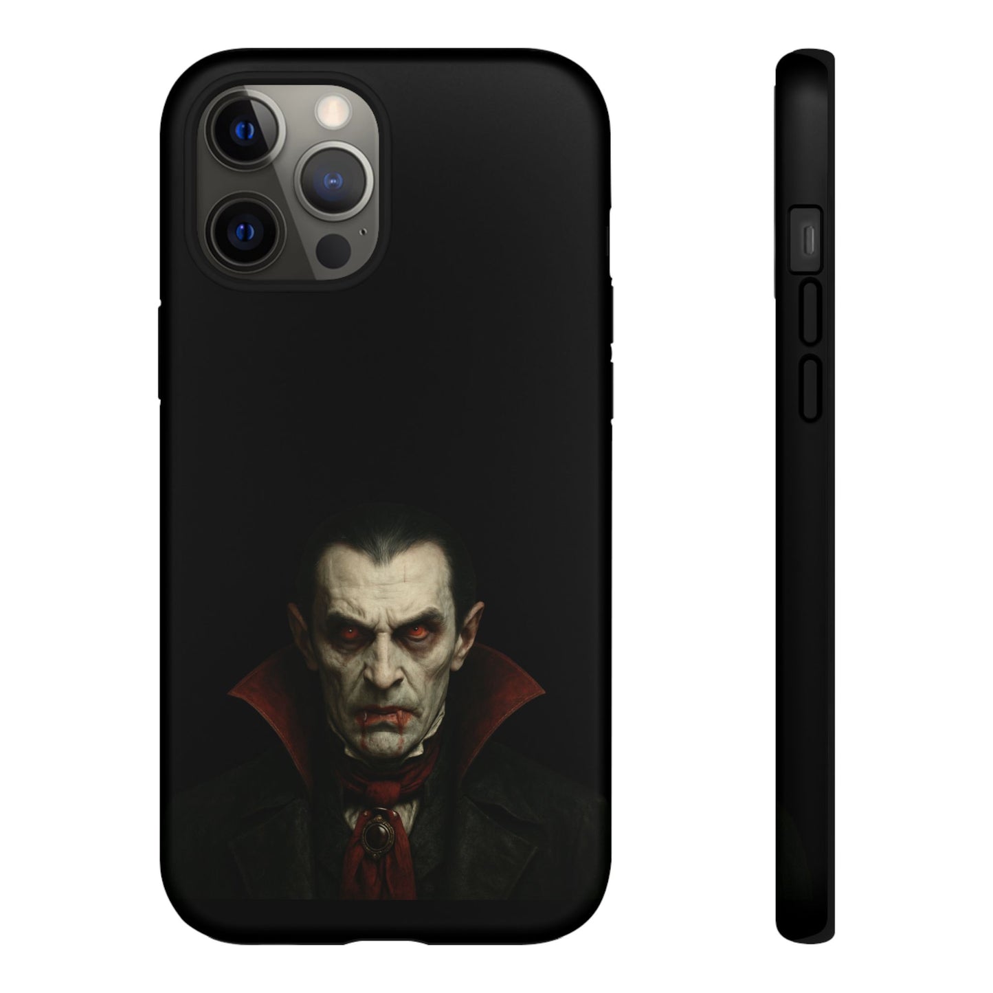 Gothic vampire portrait phone case for iPhone featuring Dracula horror design, crafted by Printify with detailed gothic artwork.