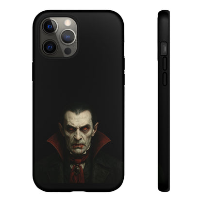 Gothic vampire portrait phone case for iPhone featuring Dracula horror design, crafted by Printify with detailed gothic artwork.