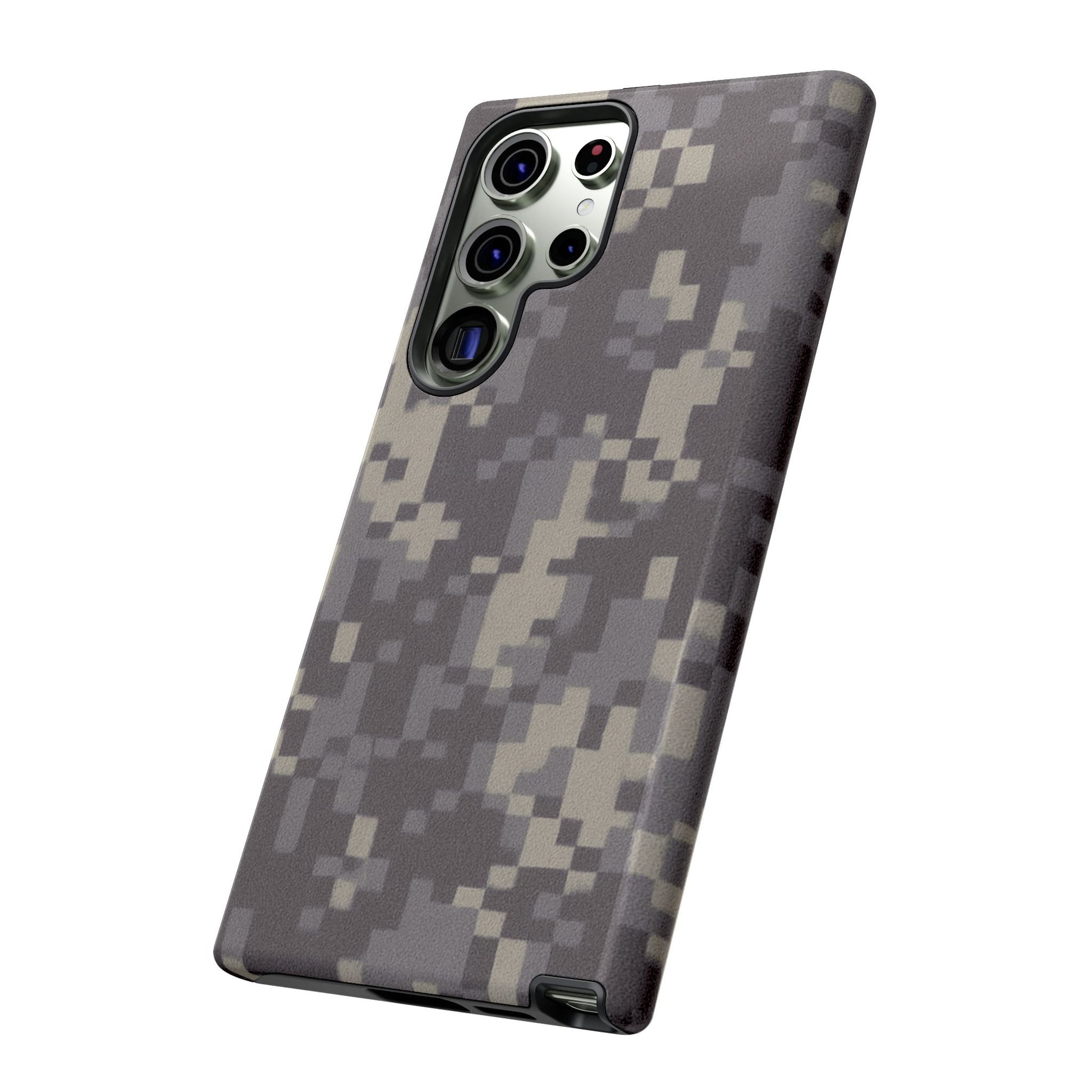 Rugged digital camouflage Printify phone case with protective cover fitting a smartphone, designed for durability and style.