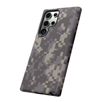 Rugged digital camouflage Printify phone case with protective cover fitting a smartphone, designed for durability and style.