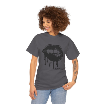 Black graphic T-shirt by Printify featuring dripping lips with 'hmm...' bite design on the front.