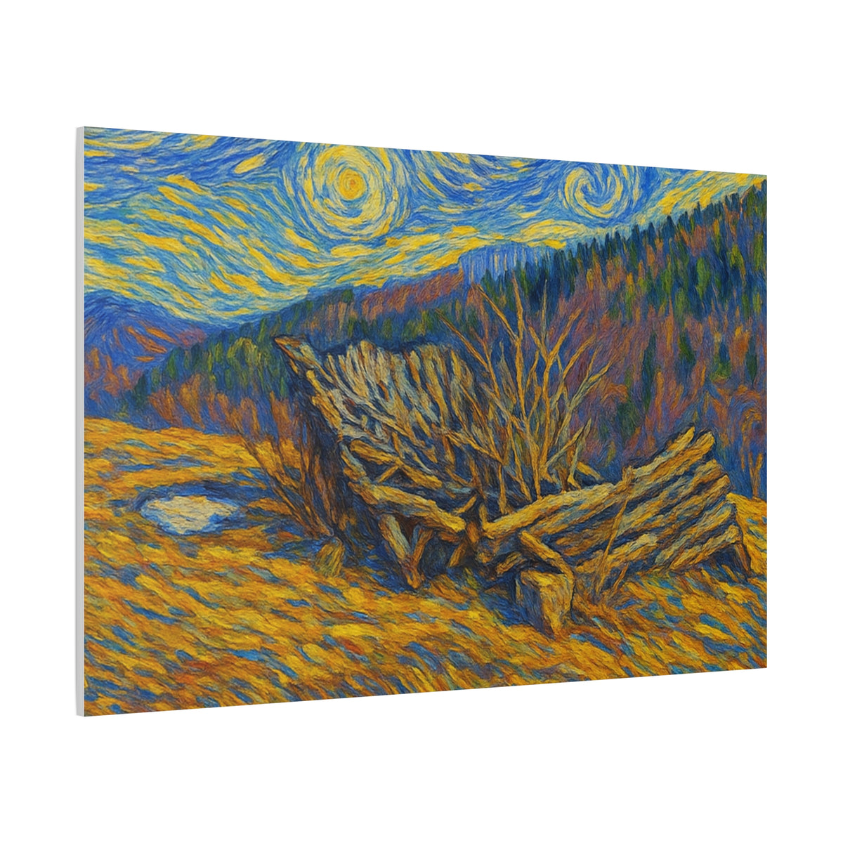 Impressionist Starry Landscape canvas print by Printify showcasing a vibrant night sky with stars and lush landscape.