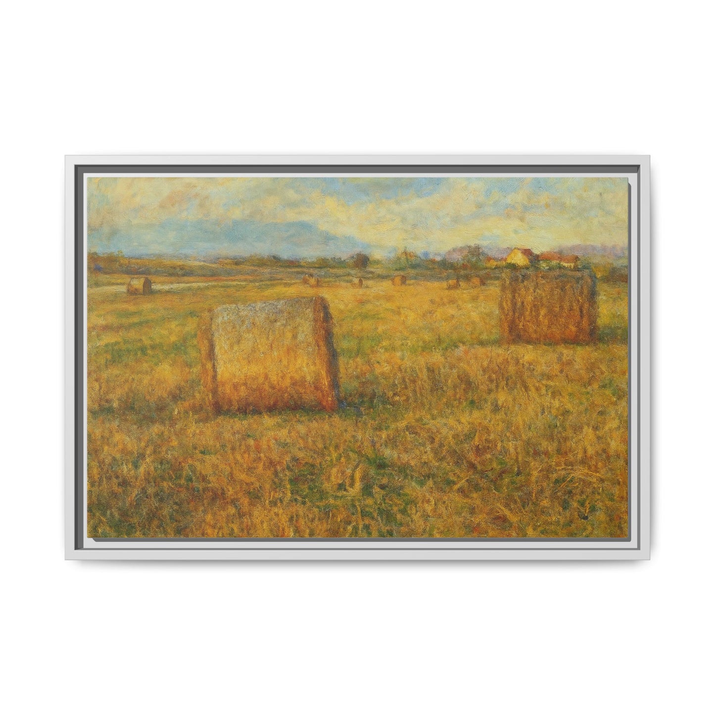Rustic hayfield landscape canvas wall art by Printify, featuring a framed matte print of a serene rural scene.