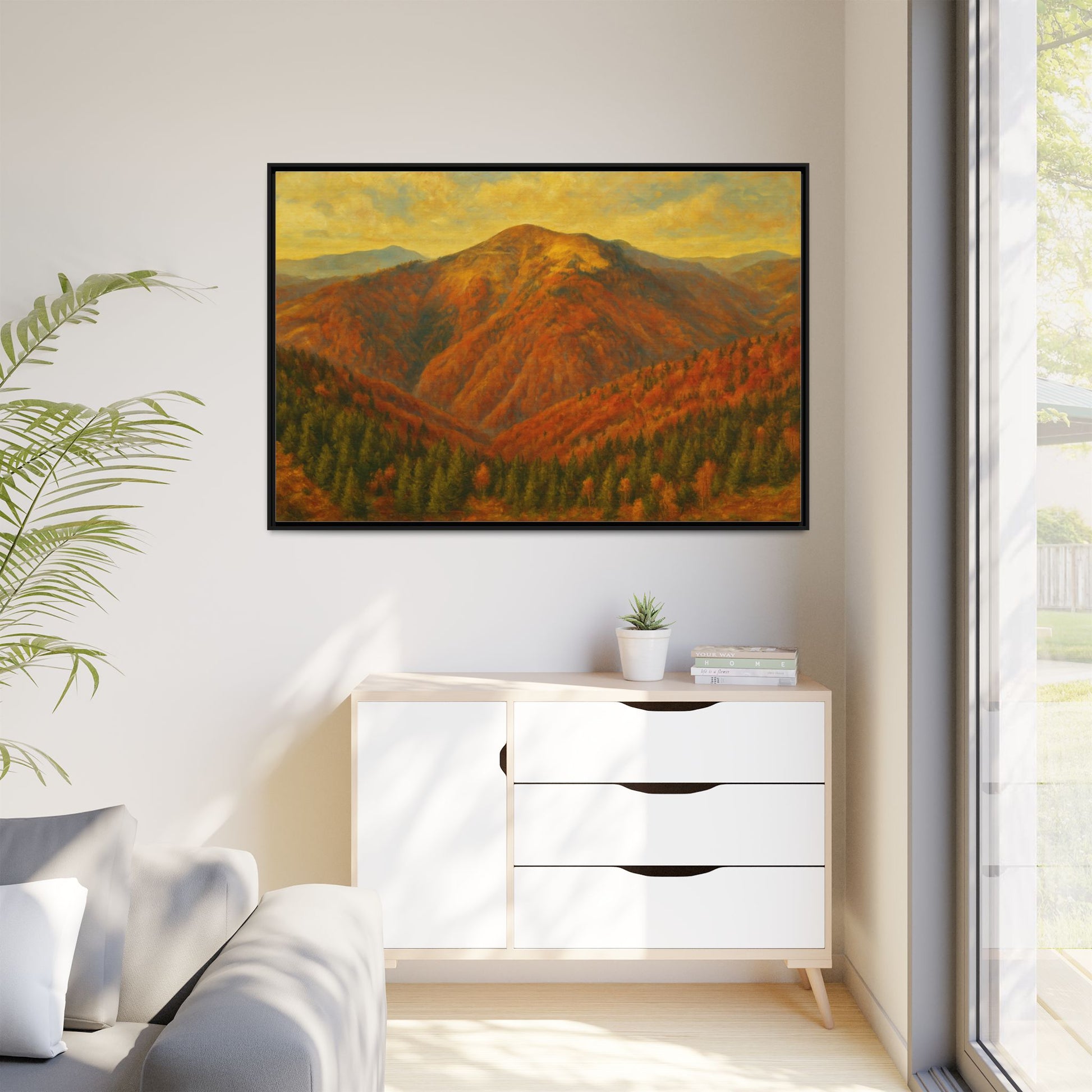 Autumn Mountain matte canvas framed wall art by Printify featuring a scenic mountain landscape in warm autumn tones.