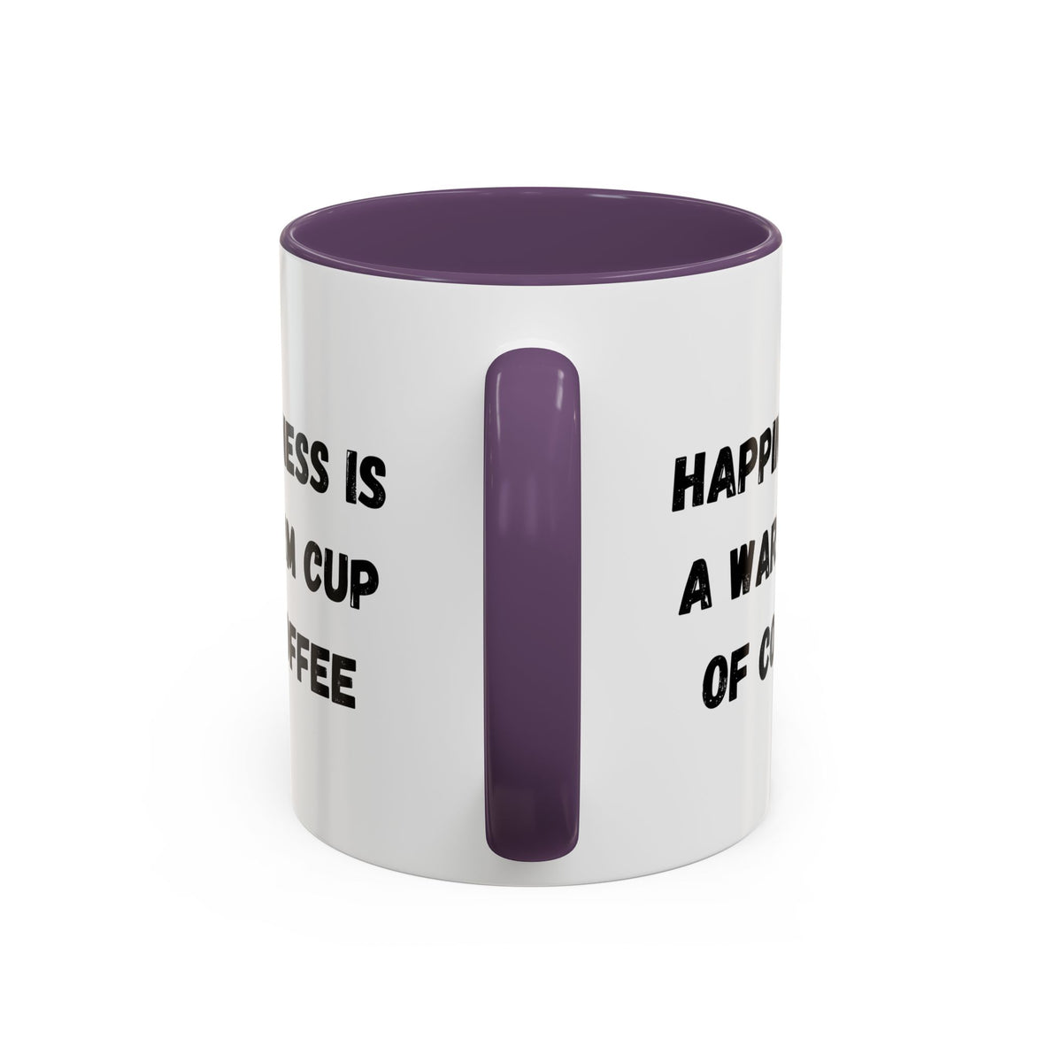 Ceramic coffee mug with "Happiness Is A Warm Cup Of Coffee" quote, featuring a white background and colorful lettering.