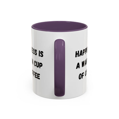 Ceramic coffee mug with "Happiness Is A Warm Cup Of Coffee" quote, featuring a white background and colorful lettering.