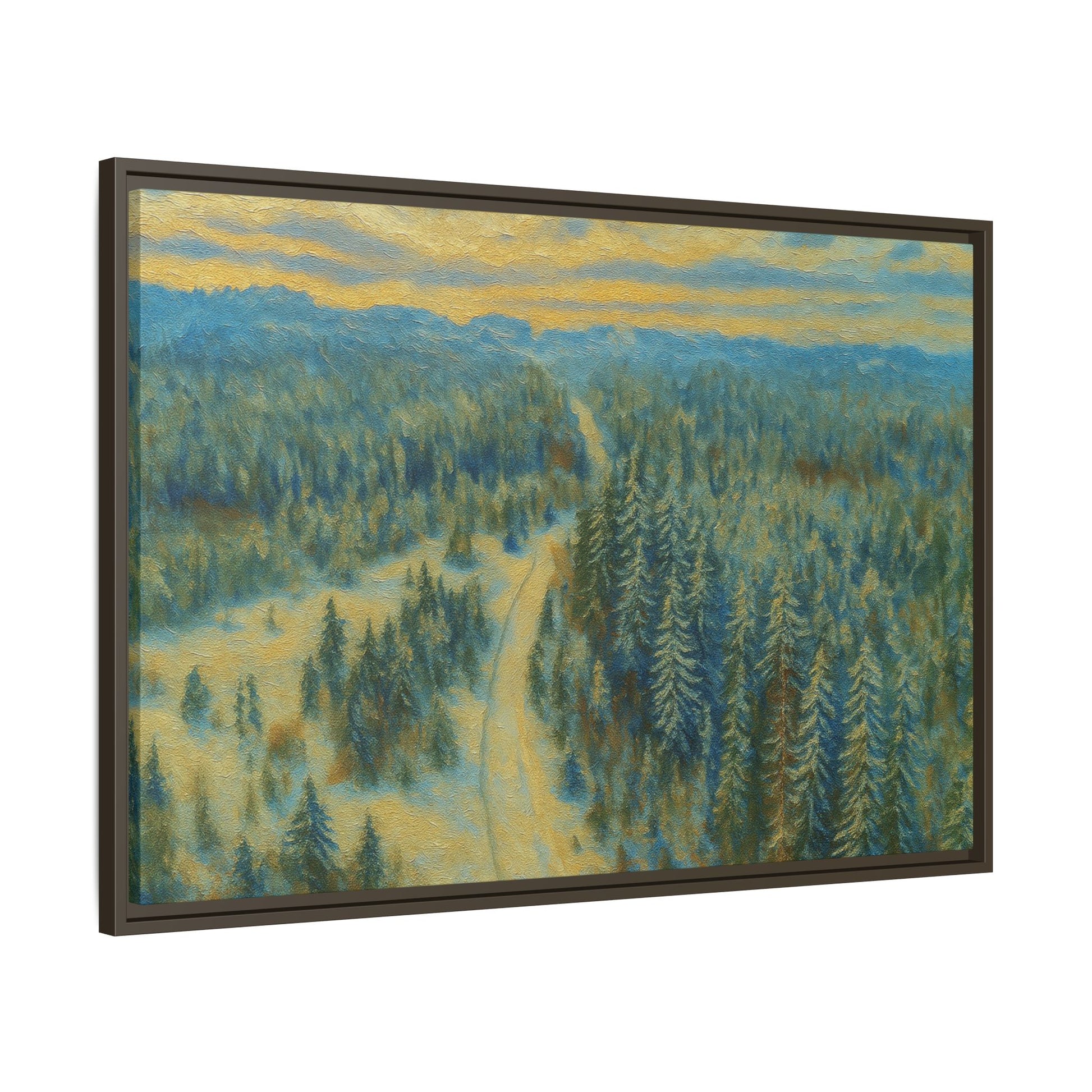 Framed matte canvas print of a serene winter forest landscape by Printify, featuring snow-covered trees and a peaceful forest scene.