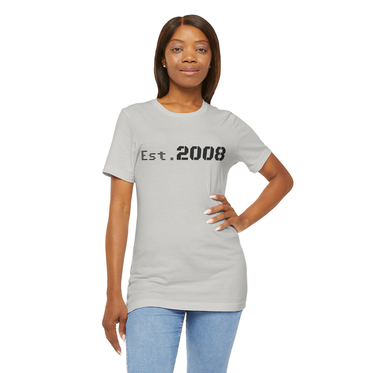 Black graphic T-shirt by Printify featuring "Established 2008" minimal design on the front.