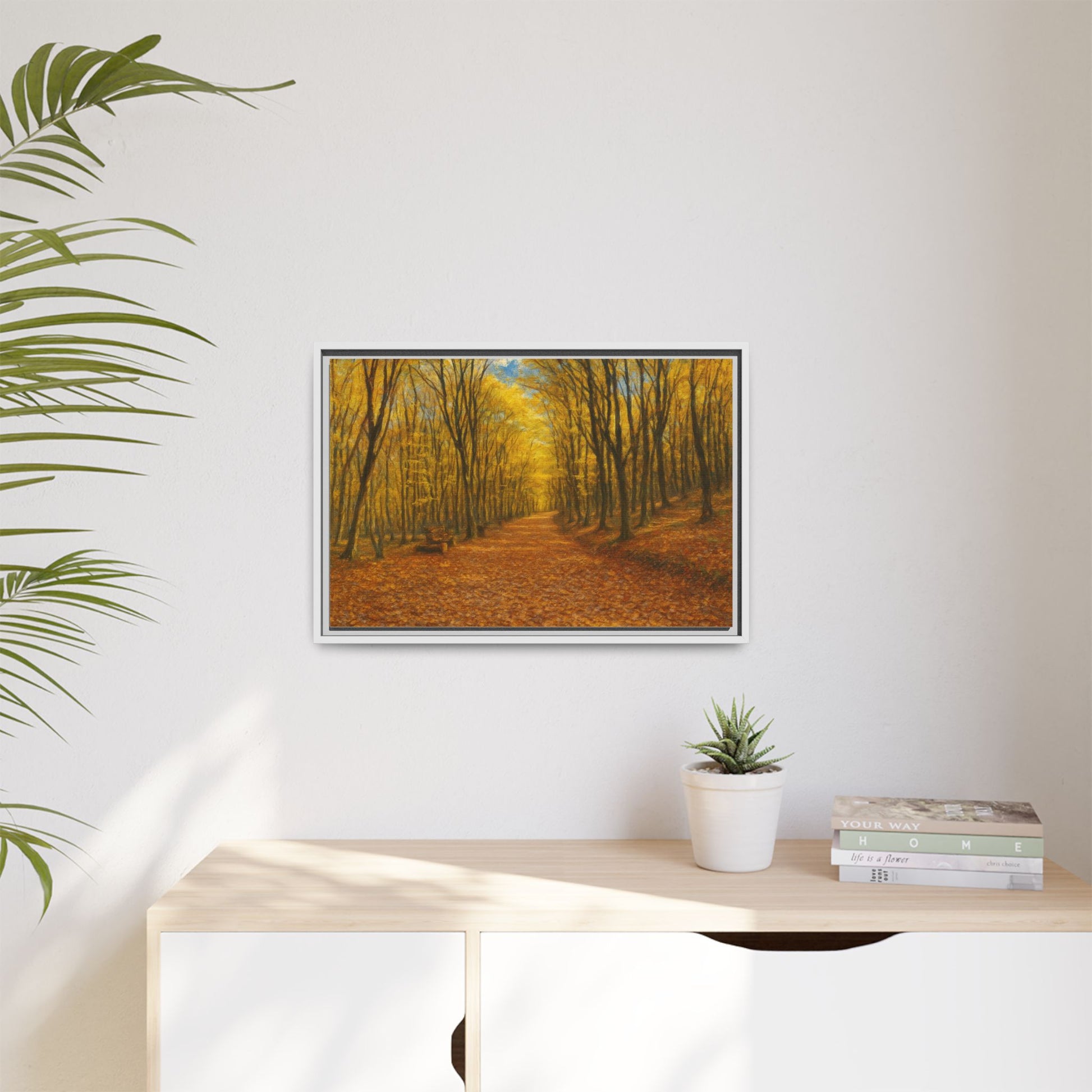 Autumn forest path matte canvas wall art framed print by Printify showing a scenic forest trail in fall colors.