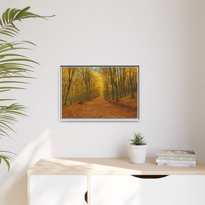 Autumn forest path matte canvas wall art framed print by Printify showing a scenic forest trail in fall colors.