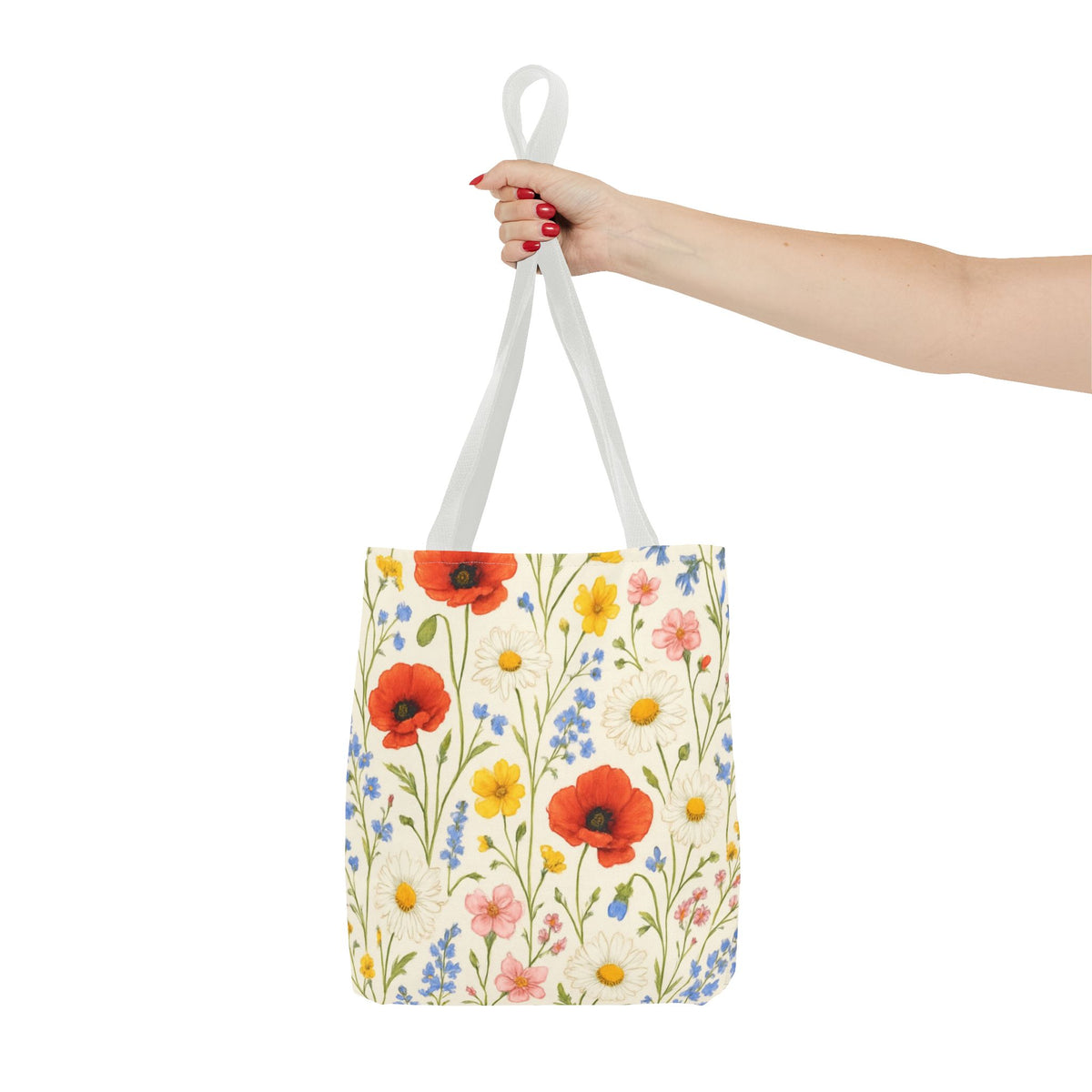 Wildflower Poppy print tote bag by Printify with a colorful floral all-over pattern, showing sturdy handles and spacious interior.
