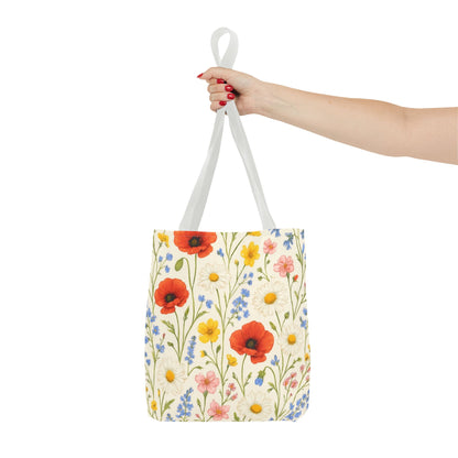 Wildflower Poppy print tote bag by Printify with a colorful floral all-over pattern, showing sturdy handles and spacious interior.