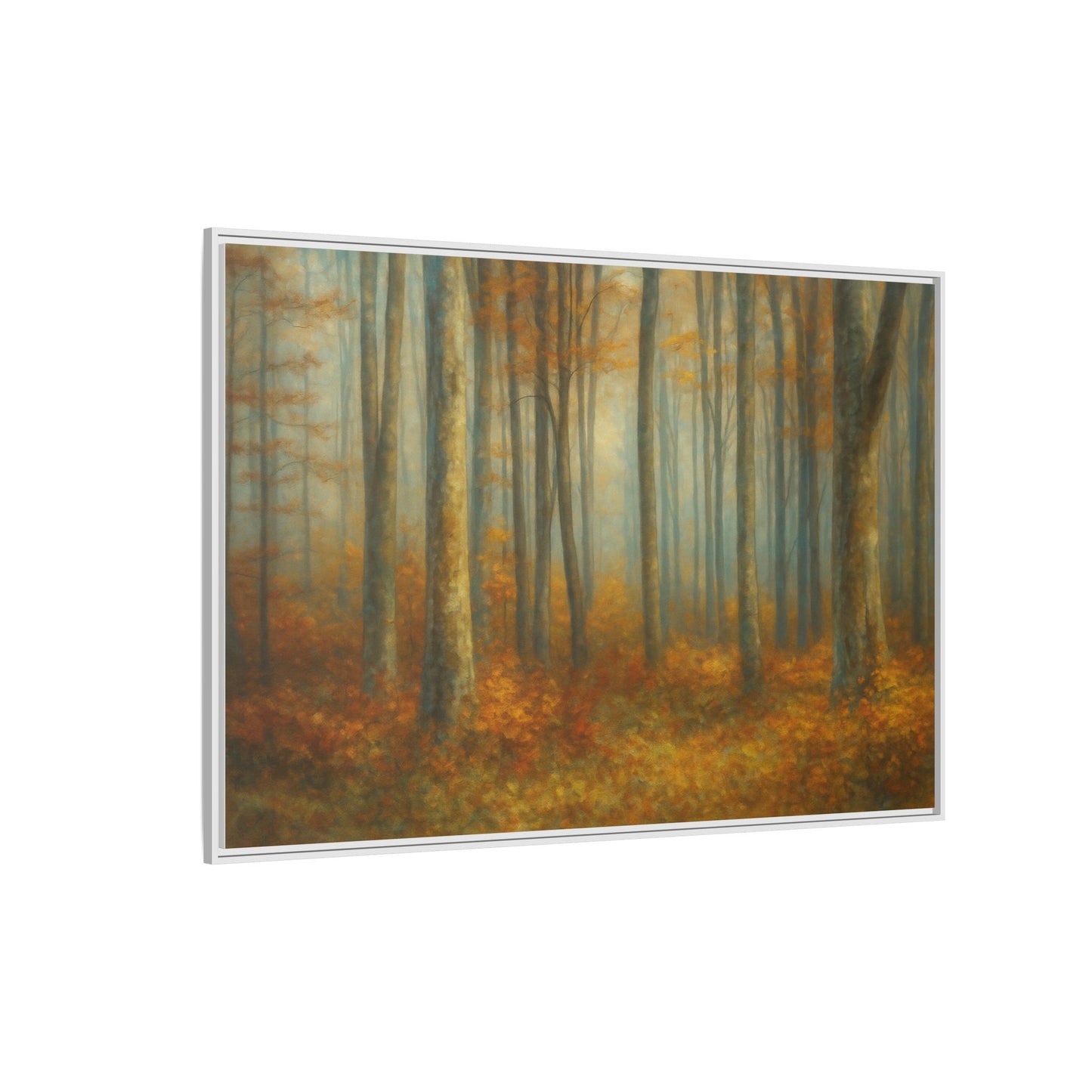 Framed autumn forest canvas print featuring a misty woodland scene, wall art by Printify with natural fall colors and detailed trees.