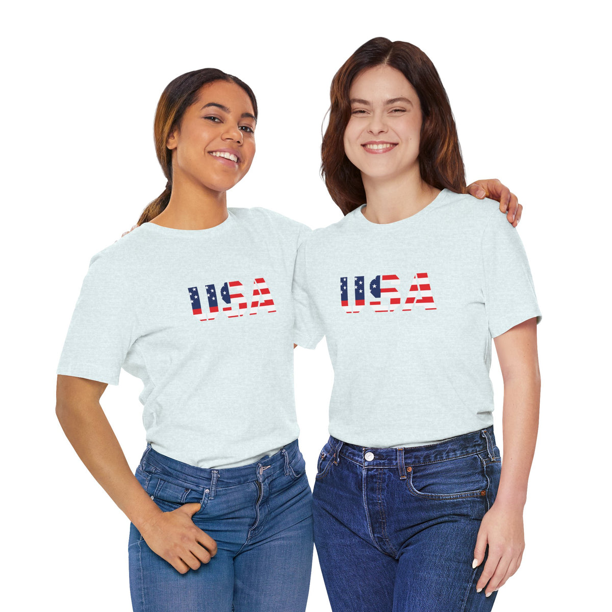 USA flag text T-shirt by Printify featuring patriotic design for Fourth of July celebrations.