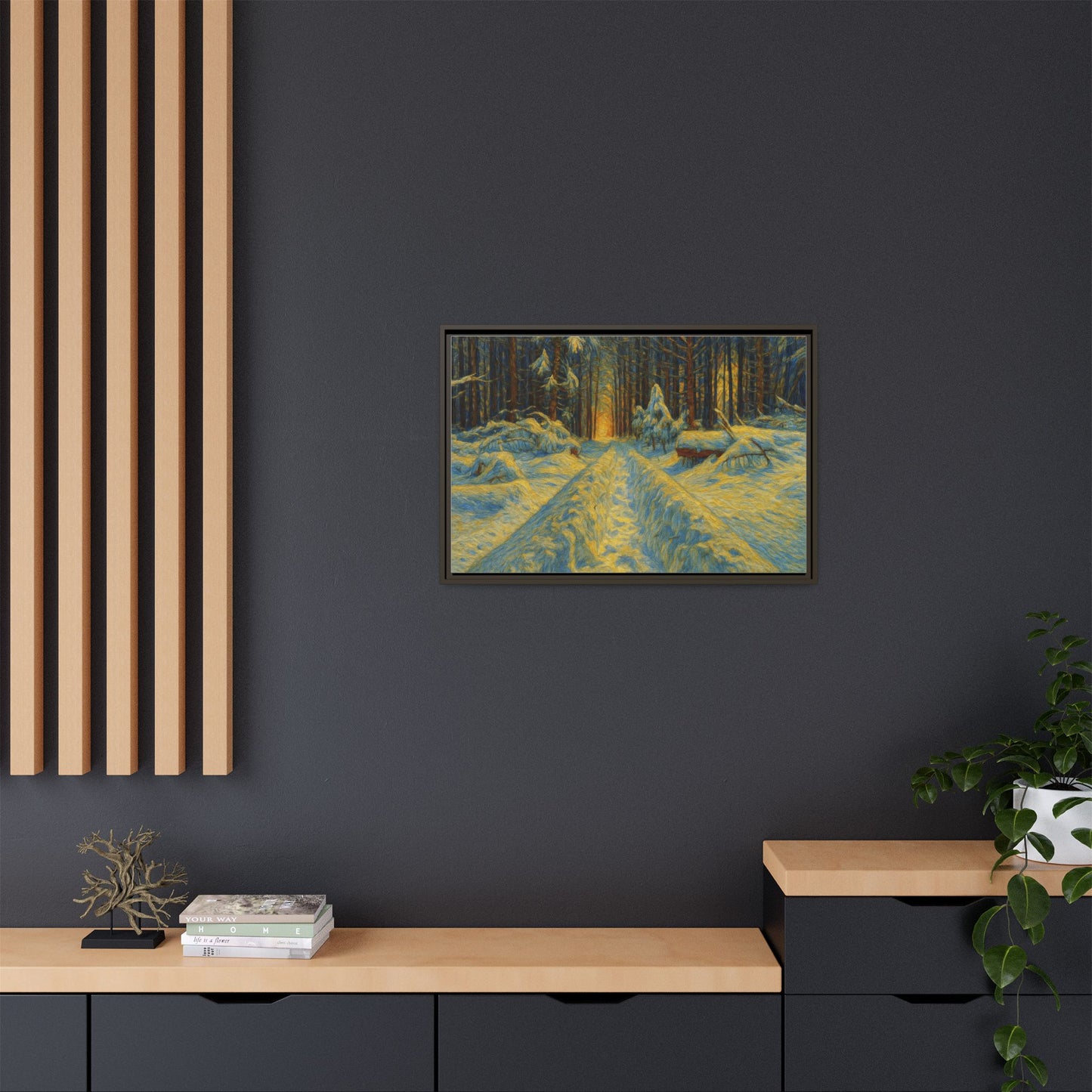 Framed matte canvas print of a snowy forest path at sunset, wall art by Printify showcasing winter landscape and nature scene.
