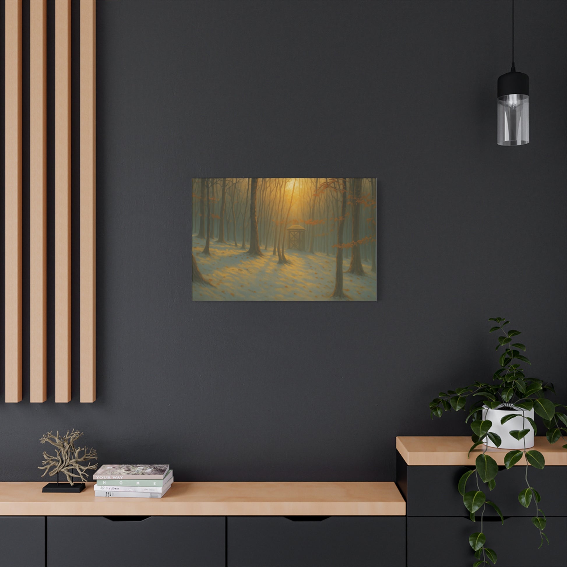 Matte stretched canvas print of a misty forest sunrise landscape by Printify, featuring soft colors and detailed nature scenery.