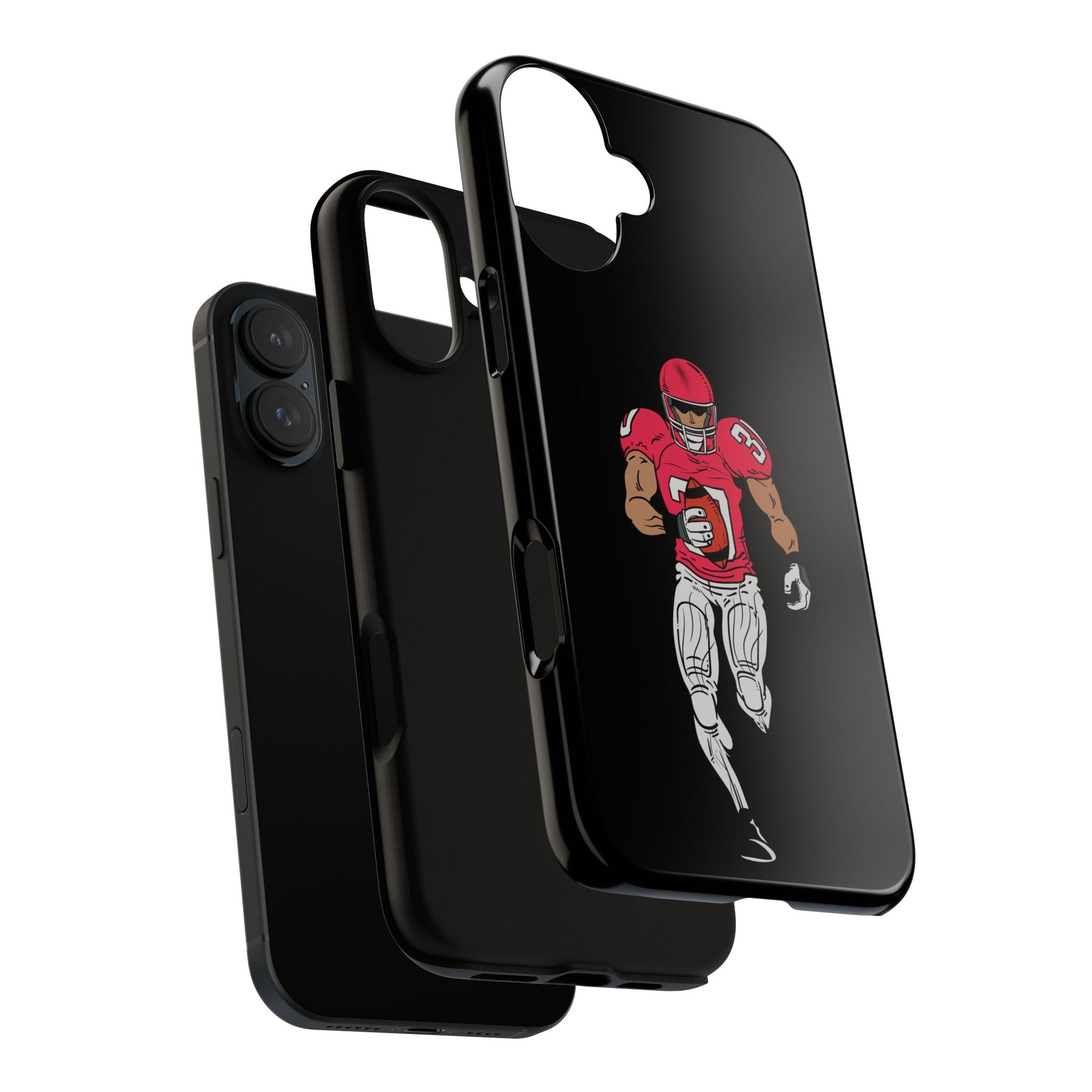 Black football player tough phone case for iPhone, featuring sporty design and protective build from Printify.