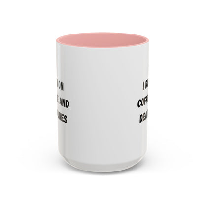 White ceramic coffee mug with black text reading "I Run on Coffee and Deadlines" by Printify, featuring a handle and printed design.