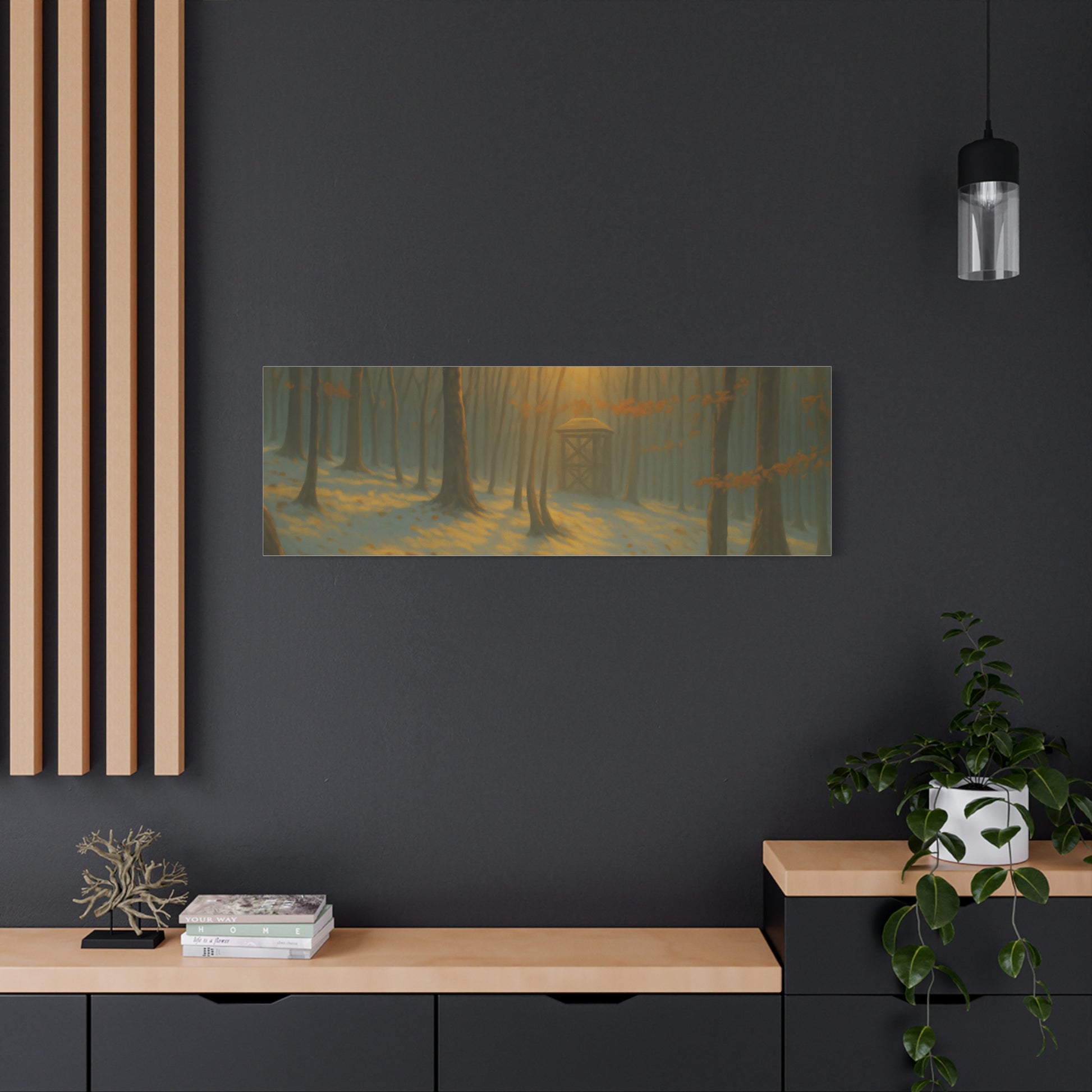 Matte stretched canvas featuring a Misty Forest Sunrise art print by Printify, showcasing a tranquil forest scene at dawn.