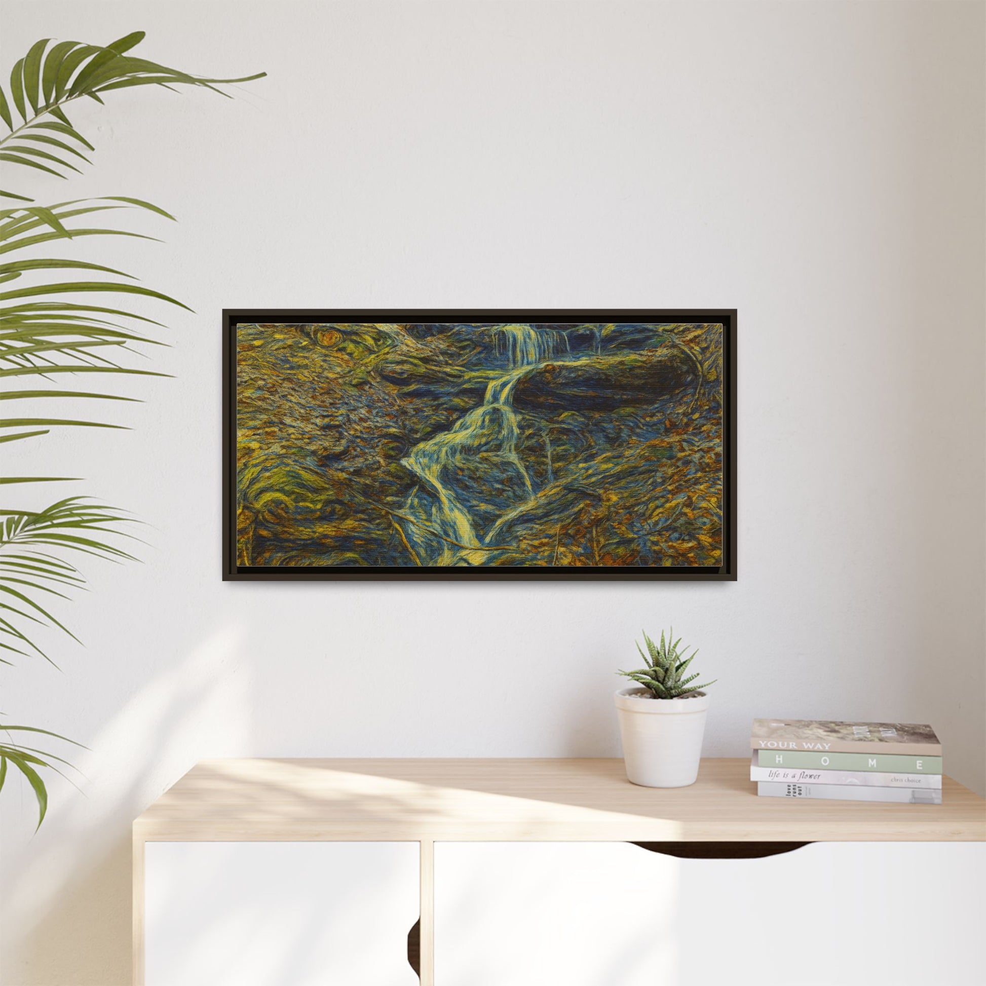 Framed matte canvas wall art featuring an autumn forest with a waterfall, showcasing vibrant fall foliage and natural scenery.