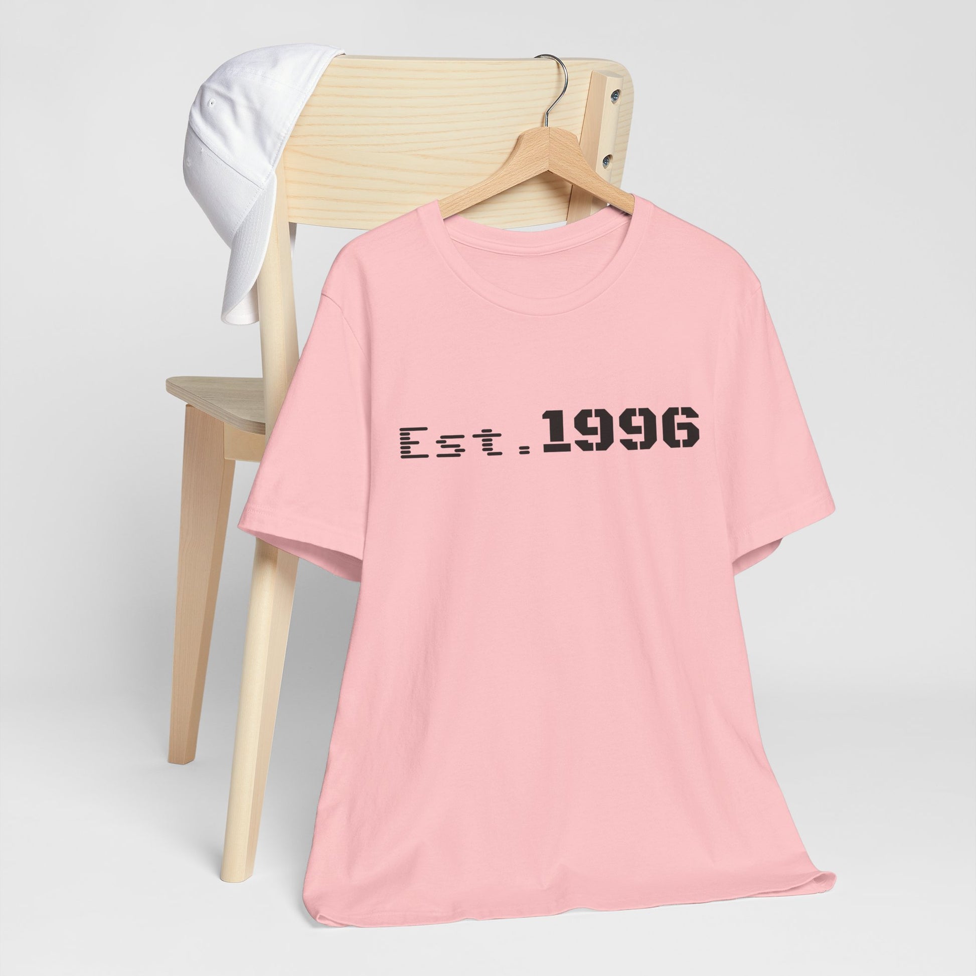 Vintage Est. 1996 T-shirt by Printify featuring a classic design, perfect as a birth year birthday gift, shown in black fabric.