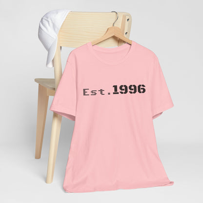 Vintage Est. 1996 T-shirt by Printify featuring a classic design, perfect as a birth year birthday gift, shown in black fabric.