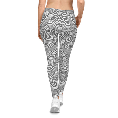 Black and white monochrome swirl leggings with abstract all-over print, by Printify, featuring a bold swirling pattern.
