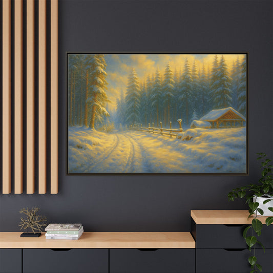 Framed winter cabin canvas print featuring a snowy forest sunset, wall art by Printify showcasing a cozy winter scene.